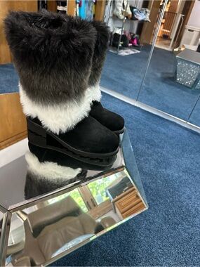 BearPaw Black and White Regina  Faux Fur Combat Boots